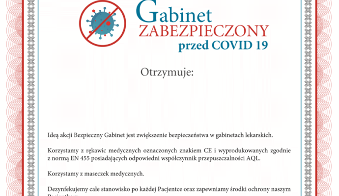 certyfikat gabinet zabezpieczony przed COVID 19